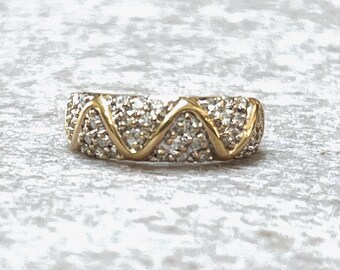Vintage 14k Gold Diamond Zig Zag Band: Pave Set Wedding Ring, Size 6.25