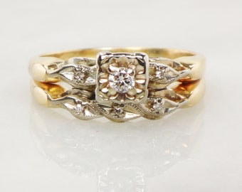 Vintage Natural Diamond Engagement Ring Set 14k Gold Wedding Set Engagement Ring with Attached Matching Wedding Band Size 8.25