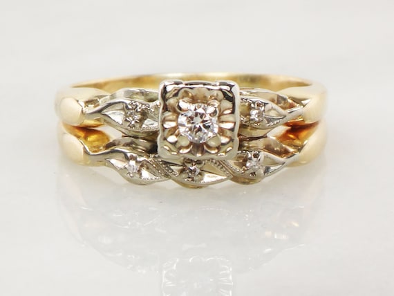 Vintage Natural Diamond Engagement Ring Set 14k Gold Wedding Set