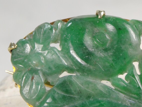Antique 14k Gold Carved Jade Floral Pin Brooch - image 3