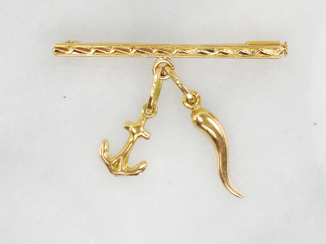 Vintage 18k Gold Baby Pin With Anchor and Italian Horn Charm Etsy