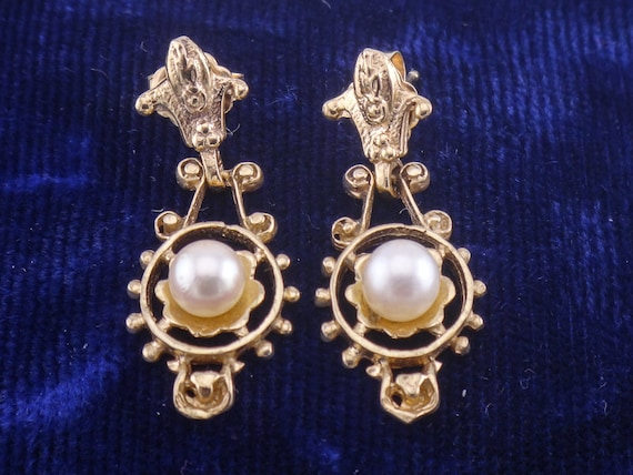 Vintage 14k Yellow Gold Cultured Pearl Dangle Ear… - image 3