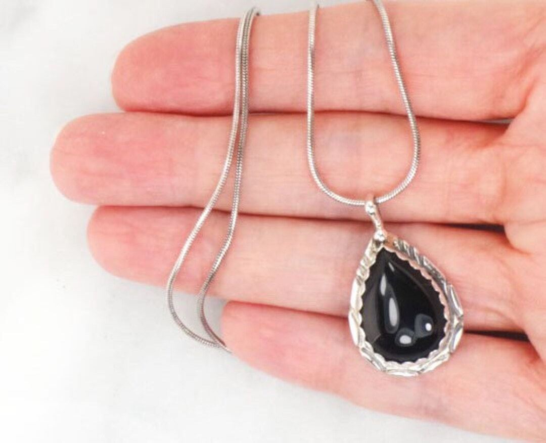 Sterling Silver Onyx Necklace Signed HL Black Stone Teardrop Shaped Pendant on 18 Inch Snake
