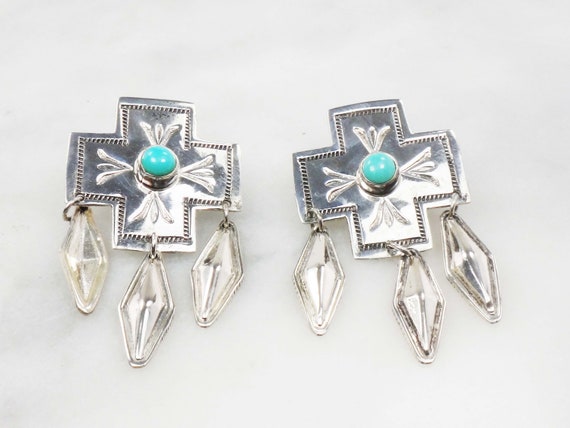 Vintage Large Sterling Silver Earrings Silver Cros