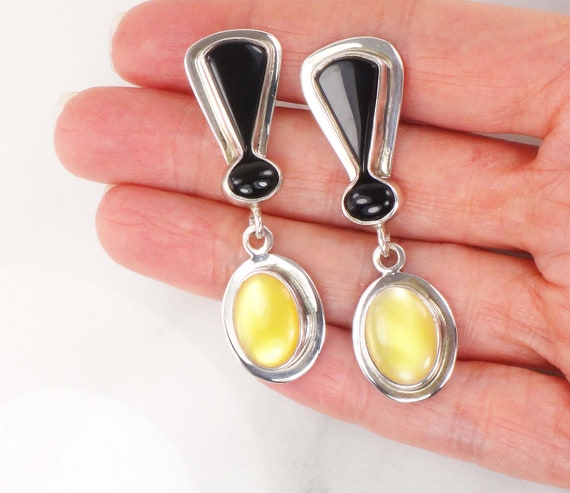 Vintage Large Sterling Dangle Earrings Yellow Moth