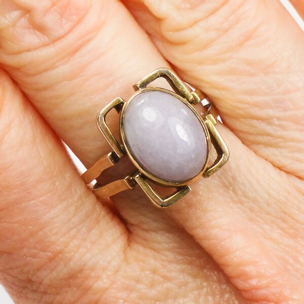 Vintage 14k Yellow Gold Lavender Jade Ring Arts and Crafts Style Ring - Purple Jade Ring