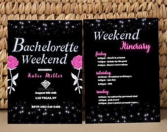 Bachelorette Invite, Glitter Bachelorette Invitation & Itinerary, Editable Template, Black Bach, Bachelorette weekend, Rose Bachelorette