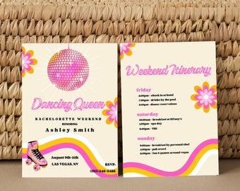 Disco Bachelorette Invite, 70s Retro Groovy Bachelorette Invitation & Itinerary, Editable Template, Retro Bach, Bachelorette weekend