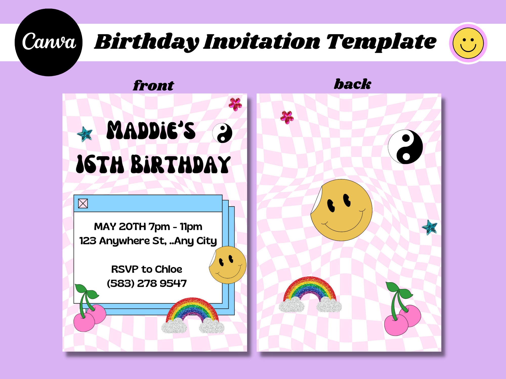 Birthday Invitation for Girl Smiley Face Editable Template Canva Template Teen Birthday Party Invitation Aesthetic Y2K Retro