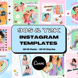 May include: A collection of Instagram templates with a 90s and Y2K aesthetic. The templates feature various designs with models, text overlays like "Get the Look," "Dream Girl," and "New Collection!" The Canva logo is also visible.