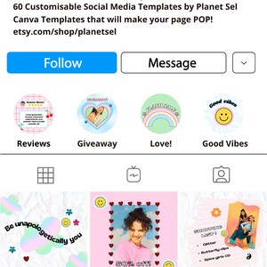 May include: Screenshot of an Etsy shop selling 90s and Y2K aesthetic social media templates. The shop's profile picture features two women. The page displays various template designs with text like "Reviews", "Giveaway", "Love!", and "Good Vibes".