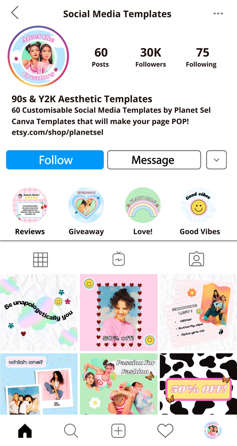 May include: Screenshot of an Etsy shop selling 90s and Y2K aesthetic social media templates. The shop's profile picture features two women. The page displays various template designs with text like "Reviews", "Giveaway", "Love!", and "Good Vibes".