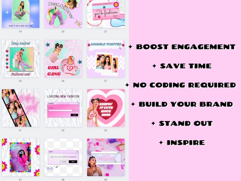 May include: A collage of pink and white images with text overlays. The images feature a variety of themes, including fashion, beauty, and lifestyle. The text overlays include phrases like "Best Sellers!" and "Girl Gang".