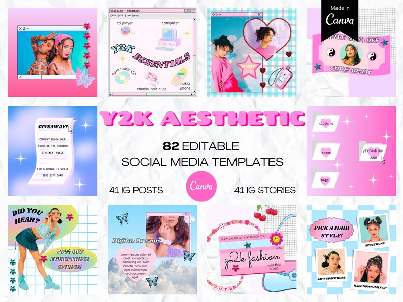 May include: A collection of 82 editable social media templates in a Y2K aesthetic. The templates feature a pink and blue color scheme with stars, hearts, and butterflies. The text "Y2K AESTHETIC" is in a pink font. The text "82 EDITABLE SOCIAL MEDIA TEMPLATES" is in a white font. The text "41 IG POSTS" and "41 IG STORIES" are in a black font. The text "Made in Canva" is in a white font. The text "GIVEAWAY!" is in a white font. The text "DID YOU HEAR?" is in a white font. The text "Digital Dreams" is in a white font. The text "y2k fashion" is in a white font. The text "PICK A HAIR STYLE!" is in a white font.