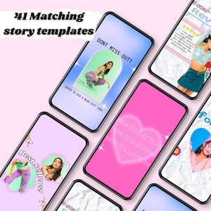 May include: A collection of six Instagram story templates for a clothing brand. The templates feature a pink and blue color scheme with a heart, stars, and text that says "New Collection", "Best Sellers", "Don't Miss Out", and "Enter to win a $100 gift card".