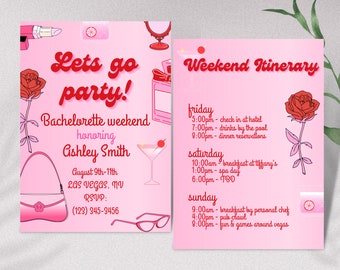 Lets Go Party Pink Bachelorette Invite, Girly Bachelorette Invitation & Itinerary, Editable Template, Doll Pink Bach, Bachelorette weekend