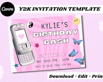 Editable Y2K Invitation Template, Y2K Party, Y2K Canva Template, 2000s Birthday Party, Y2K Aesthetic Invite, Throwback Party