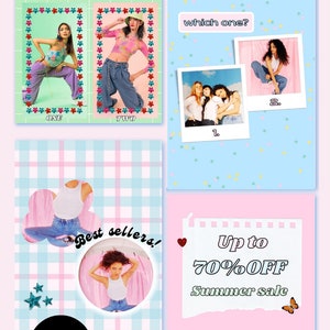 May include: A collage of fashion-themed graphics with a pastel color scheme. The image includes text that says "Choose One Outfit", "Which One?", "Best Sellers!", and "Up to 70% OFF Summer Sale". The Canva logo is also visible.