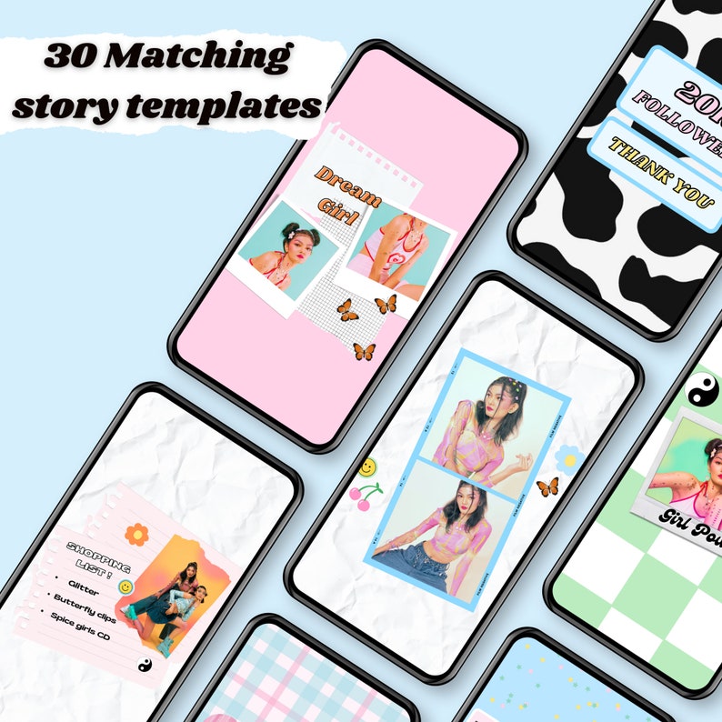 May include: A collection of smartphones displaying story templates. The screens showcase various designs with photos, text, and decorative elements like butterflies and smiley faces. The text "30 Matching story templates" is visible.