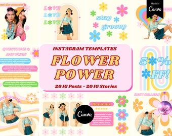 40 70s FLOWER POWER Instagram Templates, IG Canva Templates,Instagram Post Templates.Instagram Story, Pastel, Retro Hippie,Groovy, Aesthetic