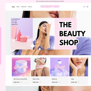 May include: A website homepage for a beauty shop called "The Beauty Shop". The website features a pink and purple color scheme with images of skincare products and models. The text "The Beauty Shop" is displayed in large, bold letters on the homepage. The website also features a call to action to "shop now" for various beauty products.