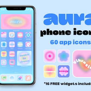 Könnte beinhalten: Ein Satz von 60 bunten Telefon-Icons mit einem Farbverlaufshintergrund und Text, der "aura phone icons" und "60 app icons" lautet. Die Icons sind in einem Raster auf einem hellblauen Hintergrund angeordnet. Der Text "*16 FREE widgets included*" befindet sich am unteren Rand des Bildes.