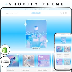 May include: A blue and white website design for a beauty brand called Skin Studio. The website features a product image of a clear bottle with a white label and a blue background. The website also includes a call to action to shop now. The website is designed to be mobile-friendly and includes a mobile version of the website.