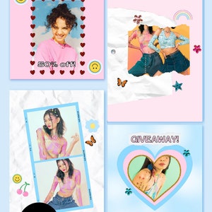 May include: A collage of four images with a light blue background. The images feature young women, hearts, smiley faces, butterflies, and the text "50% off!" and "GIVEAWAY!". The Canva logo is visible in one image.