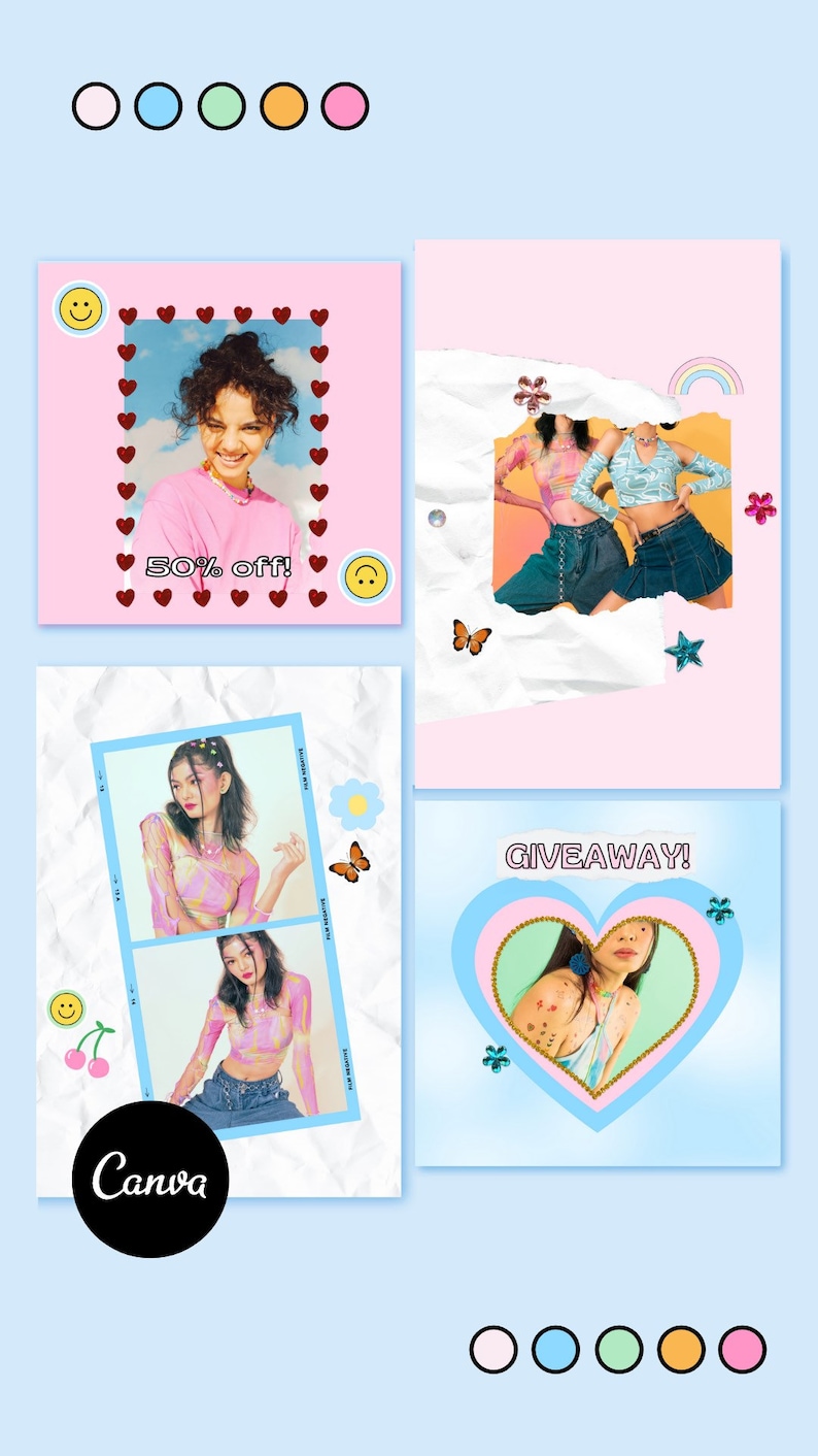 May include: A collage of four images with a light blue background. The images feature young women, hearts, smiley faces, butterflies, and the text "50% off!" and "GIVEAWAY!". The Canva logo is visible in one image.