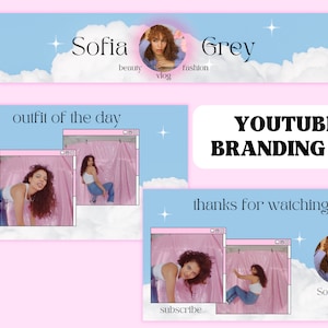 Aesthetic Youtube Branding Kit, Cloud, Retro, Animated YouTube Intro, Youtube Outro, Youtube Banner, Template Canva Editable,Channel diy