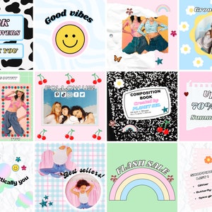 May include: A collage of colorful social media graphics with text like "20K Followers," "Good Vibes," and "Follow Us!" The images include a composition book, a sale announcement, and a shopping list. The overall theme is a retro, Y2K aesthetic.