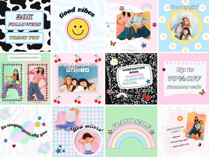 May include: A collage of colorful social media graphics with text like "20K Followers," "Good Vibes," and "Follow Us!" The images include a composition book, a sale announcement, and a shopping list. The overall theme is a retro, Y2K aesthetic.