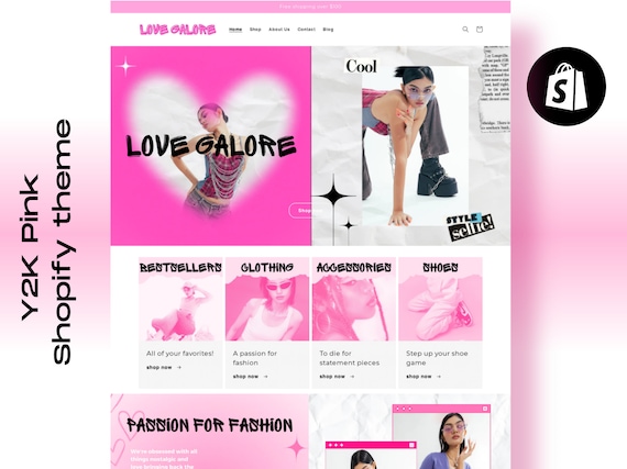 Y2K PINK Shopify Theme, Y2K AESTHETIC Templates, Website Design, Website Template, Y2K Fashion, 2000s aesthetic, Shopify, Pink Shopify
