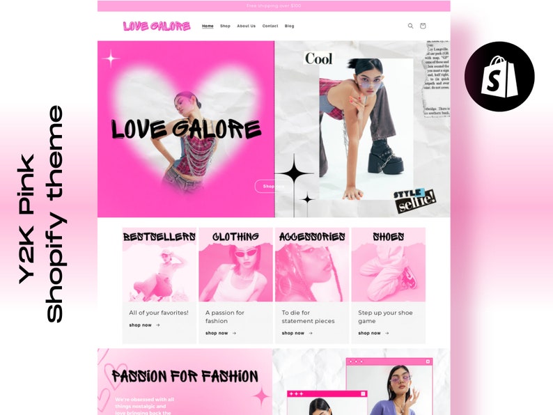 Y2K PINK Shopify Theme, Y2K AESTHETIC Templates, Website Design, Website Template, Y2K Fashion, 2000s aesthetic, Shopify, Pink Shopify image 1
