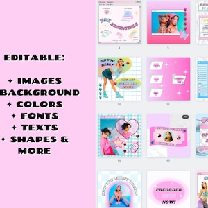 May include: A collection of 9 editable social media templates featuring a pink and blue color scheme with various images, text, and shapes. The templates include text such as "Did you hear?", "Super Cute", "80% Off Sale", and "Preorder Now!"