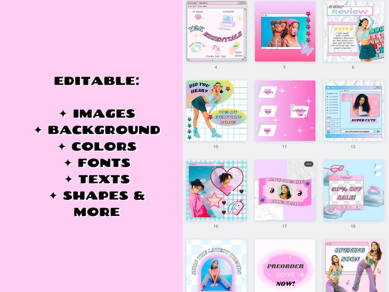May include: A collection of 9 editable social media templates featuring a pink and blue color scheme with various images, text, and shapes. The templates include text such as "Did you hear?", "Super Cute", "80% Off Sale", and "Preorder Now!"