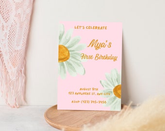 Daisy 1st Birthday Invitation, Daisy Editable 1st Birthday Invite, Boho Daisy, Floral First Birthday Party Invitation, Neutral,