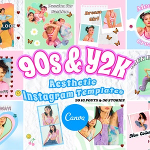 May include: A collage of Instagram templates with a 90s and Y2K aesthetic. The templates feature models, butterflies, hearts, and text like "Get the Look," "50% off," and "New Collection!" The templates are designed for 30 IG posts and 30 stories.