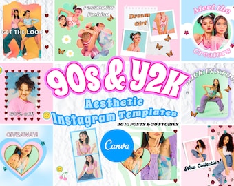 90s & Y2K Aesthetic Instagram Templates, IG Canva Templates, Instagram Post Templates. Instagram Story, Pastel,Retro,Hippie, Groovy, 2000