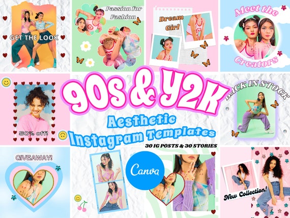 90s & Y2K Aesthetic Instagram Templates, IG Canva Templates, Instagram Post Templates. Instagram Story, Pastel,Retro,Hippie, Groovy, 2000