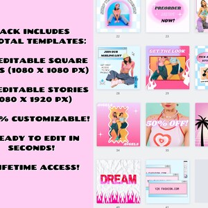 May include: A pink and white graphic design template pack with 82 total templates, including 41 editable square posts and 41 editable stories. The templates are 1080 x 1080 pixels and 1080 x 1920 pixels, respectively. The pack is 100% customizable and ready to edit in seconds. It also includes lifetime access.