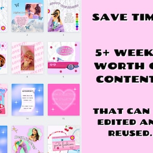 May include: A collage of 15 pink and blue social media templates with text overlays. The text includes "founder", "love it", "giveaway", "best sellers", and "y2k fashion". The text "Save Time! 5+ weeks worth of content that can be edited and reused." is displayed in large black letters on a pink background.