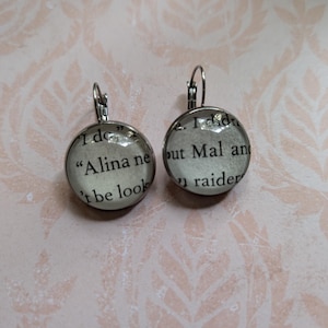 Alina and Mal pendant earrings made with Shadow and Bone book pages