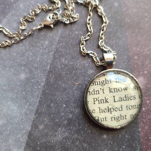 Pink Ladies pendant necklace made with Grease book pages