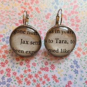 Jax and Tara pendant earrings made from Sons of Anarchy book pages