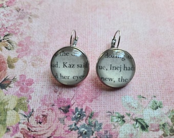 Kaz and Inej pendant earrings made with Six of Crows book pages