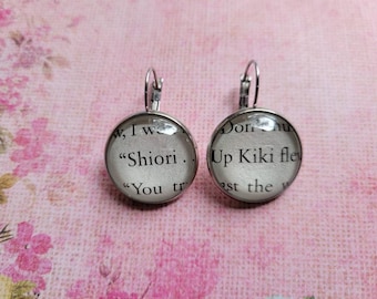 Shiori and Kiki pendant earrings made with Six Crimson Cranes book pages