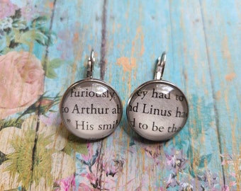 Arthur and Linus pendant earrings made with House in the Cerulean Sea book pages