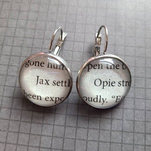 Jax and Opie pendant earrings made from Sons of Anarchy book pages