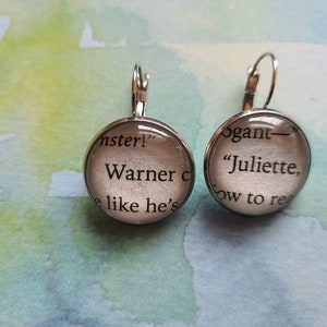 Warner and Juliette pendant earrings made from Shatter Me book pages